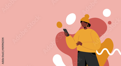 Stylish woman in a yellow beanie casually using a smartphone, surrounded by abstract shapes. Represents modern digital communication and social connection.