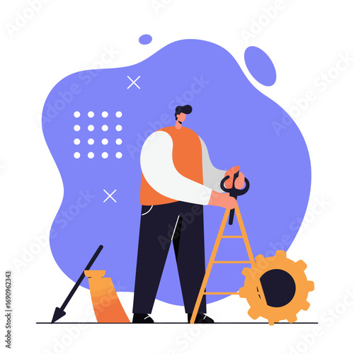 Man with tools, ladder, and gear symbolizing construction, engineering, and strategic development. Ideal for business, planning, and problem-solving concepts.