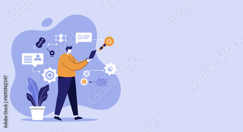 Modern illustration of a person engaging with data and technology for business analysis, strategic development, and process optimization. Represents finance and communication.