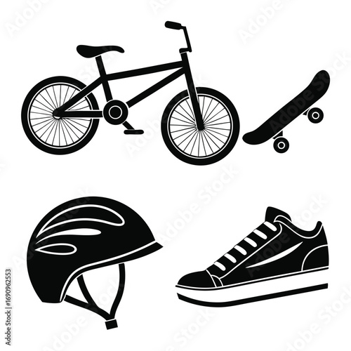 Black silhouette icons of bicycle skateboard helmet and sneaker bike longboard