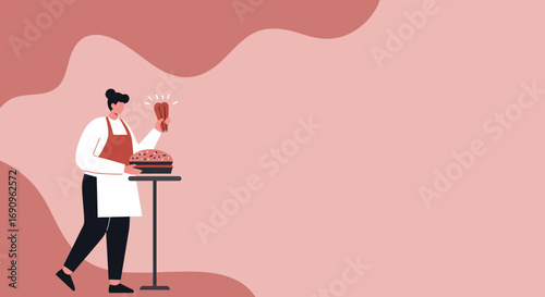 Professional chef in an apron preparing a delicious dessert with tongs, standing next to a cake on a stand. Ideal for food, bakery, or culinary concepts.