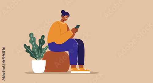 Woman focused on her smartphone while sitting casually, representing digital communication, social media, and modern tech usage in a relaxed lifestyle setting.