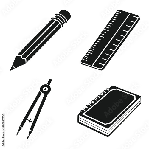 Black silhouette of pencil ruler compass and notebook on white stationery