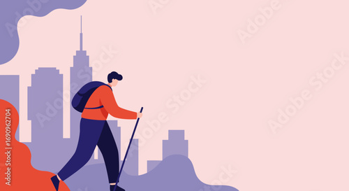 Adventurous person with a backpack and walking stick navigates an urban landscape. Ideal for travel, exploration, or daily city journey concepts.