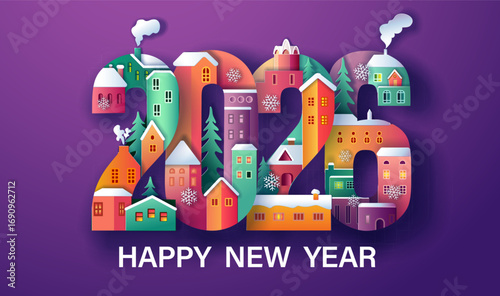 City Village, Happy new year 2026 and Merry Christmas card. Winter Snow Urban Countryside Landscape