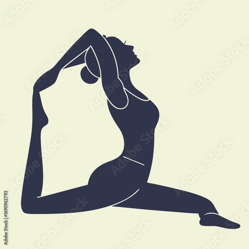 Dark blue silhouette of woman in King Pigeon yoga pose on cream background king pigeon pose