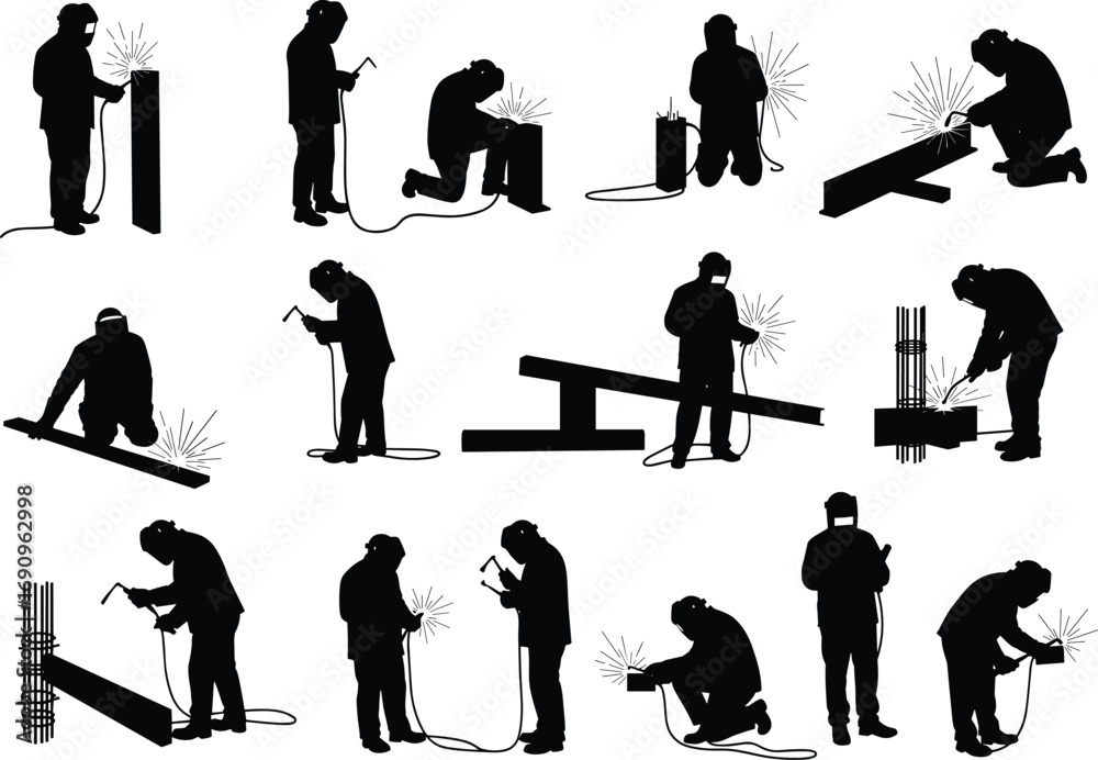 Obraz premium Silhouette welders working with sparks, welding torches and protective masks, industrial metal construction workers repairing beams, pipes and steel structures on construction site