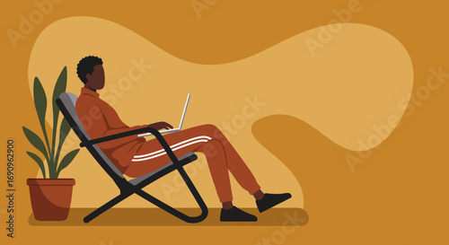 Person working remotely from a comfortable chair with a laptop, embodying flexible work-life balance and digital nomad lifestyle.