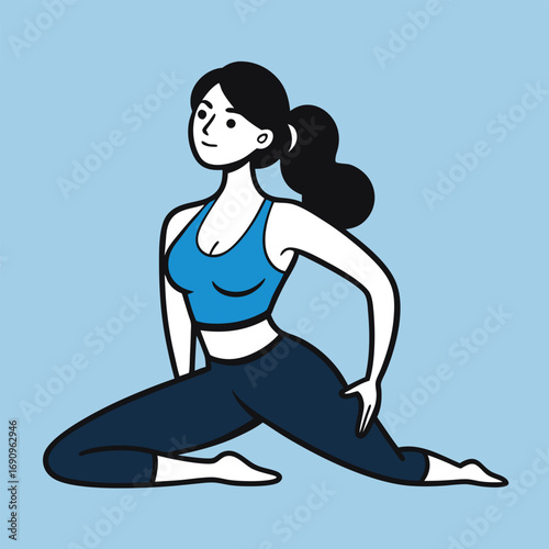 Woman in blue sportswear performing yoga king pigeon pose eka pada rajakapotasana