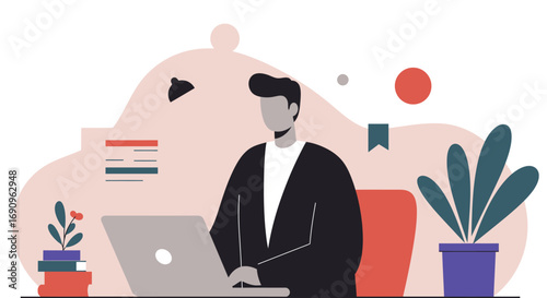 Professional working remotely on a laptop, engaging in online communication or business tasks from a modern home office setting. Productivity and digital collaboration.