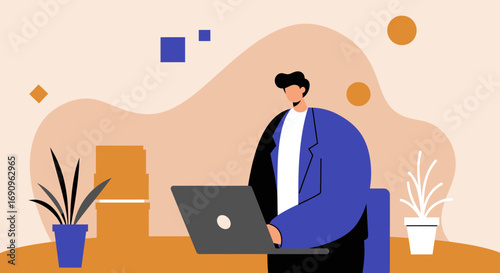 Focused professional man actively working on his laptop in a contemporary office setting, representing online business, remote collaboration, and digital productivity.