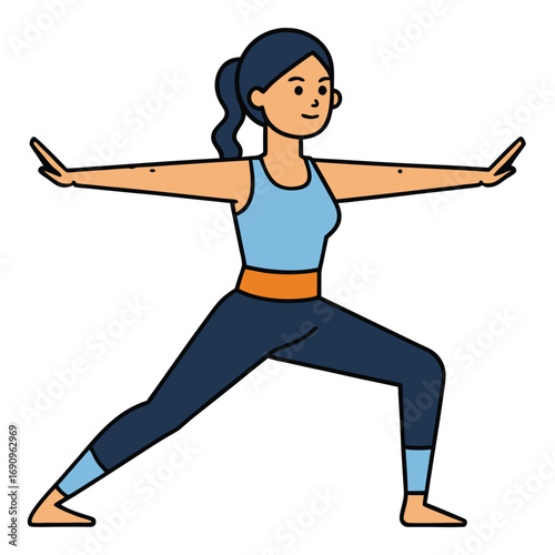 Woman in blue tank top and dark leggings performing warrior pose yoga exercise