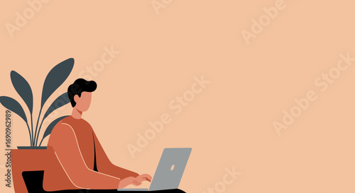 Man working diligently on laptop at home or remote office, reflecting productivity, online collaboration, and modern digital lifestyle. Ideal for business and technology themes.