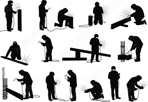 Silhouette welders working with sparks, welding torches and protective masks, industrial metal construction workers repairing beams, pipes and steel structures on construction site