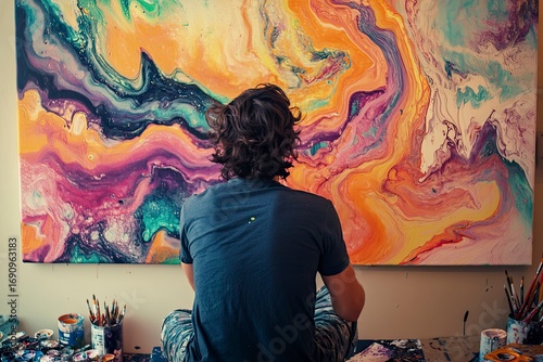 Creative process – a male artist immersed in working on a piece of art.
