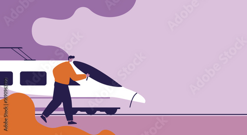 Man walking alongside a modern high-speed train, representing efficient urban travel, technology, and contemporary lifestyle. Ideal for business or leisure journeys.