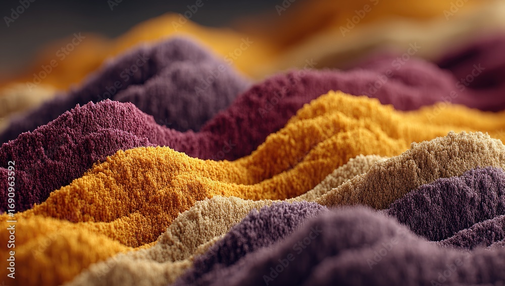 Fototapeta premium Close-up of layered spice powders, in hues of purple, orange, and beige, resembling hills