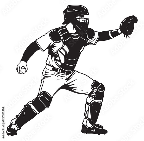 Baseball catcher in action throwing the ball in a dramatic black and white illustration
