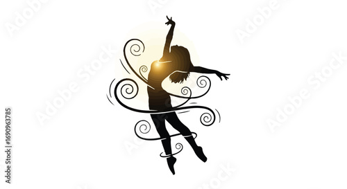 Graceful dancer in silhouette, expressing freedom and movement with swirling energy