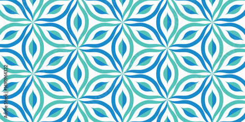 A modern seamless vector pattern with abstract floral and leaf shapes in blue and green tones. Ideal for textile design, wallpapers, packaging, and digital backgrounds


