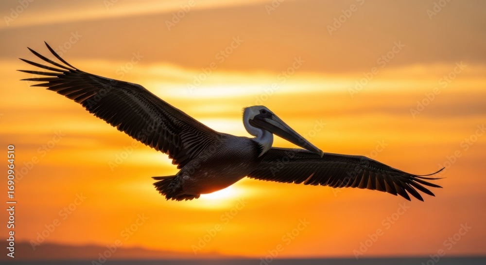 Fototapeta premium Majestic Brown Pelican Soars Against a Vibrant Sunset Sky