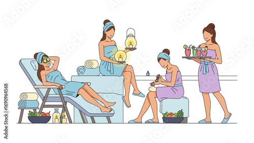 Relaxing spa scene with women receiving treatments and enjoying pampering services in a tranquil wellness environment