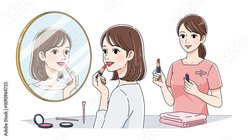 Young woman applying lipstick in front of a mirror while another woman holds makeup and a compact illustrating beauty routine and preparation