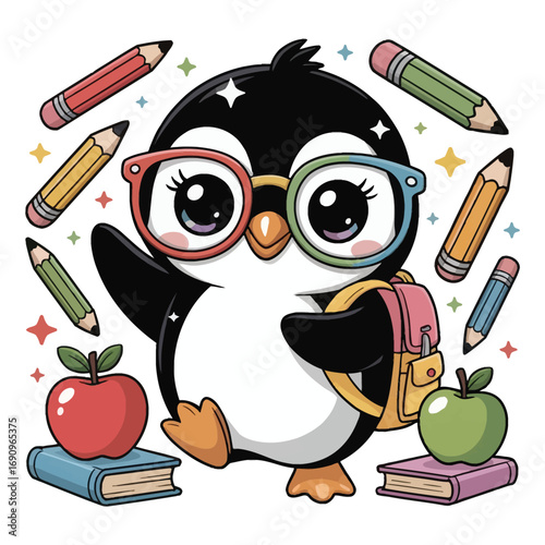 A super cute penguin in a Back to School theme, in sparkly kawaii style, wearing glasses and carrying a little pastel backpack.
