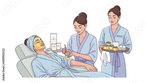 Aesthetician applies a golden facial mask to a relaxed client lying in a spa chair as another aesthetician holds a tray of beauty products