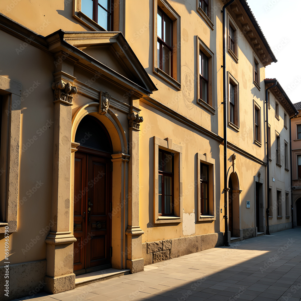 Obraz premium Vintage European Stone Facade at Golden Hour