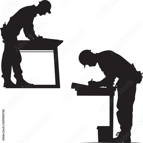 Construction Workers Writing on Desk Silhouette Illustration