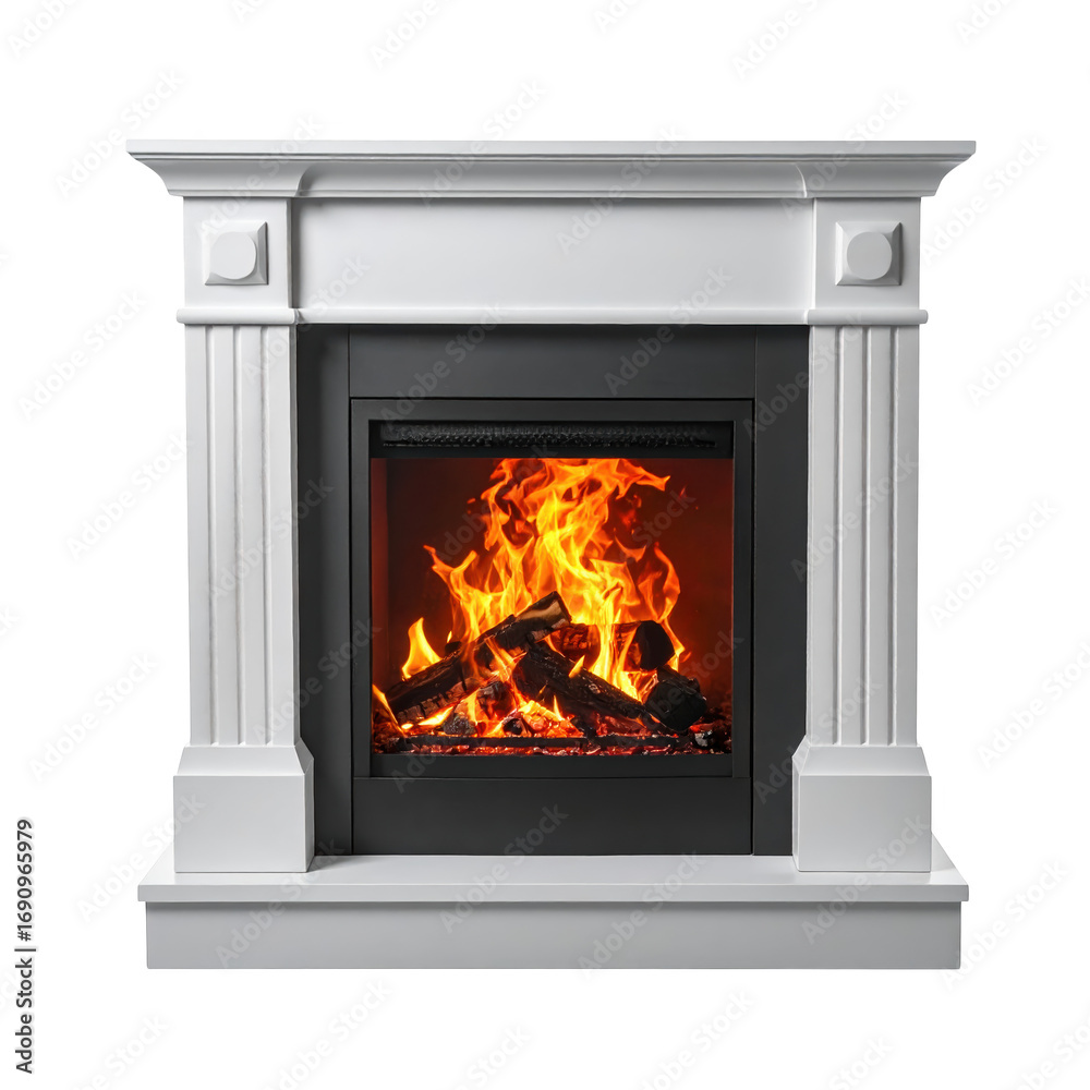 Naklejka premium Fireplace with burning wood logs in modern white frame illustration isolated on transparent background