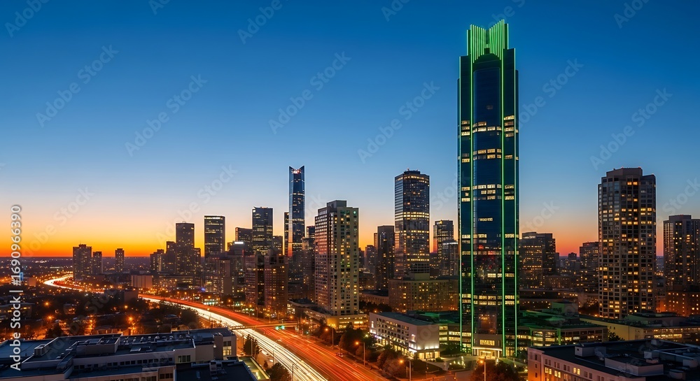 Obraz premium A modern city skyline at twilight, with an illuminated green skyscraper and light trails from highway traffic below.