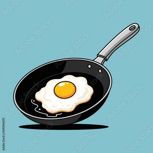 Cartoon fried egg cooking in a frying pan