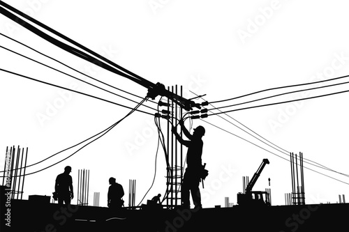 Silhouettes of electrical construction workers fixing wires and cables, industrial labor occupation at building site, black shadow illustration, man at work, electricity connection design