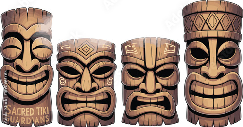 Traditional tiki mask vector illustration, Polynesian tribal face art, wooden totem design, cultural heritage sculpture, exotic island mask clipart set
