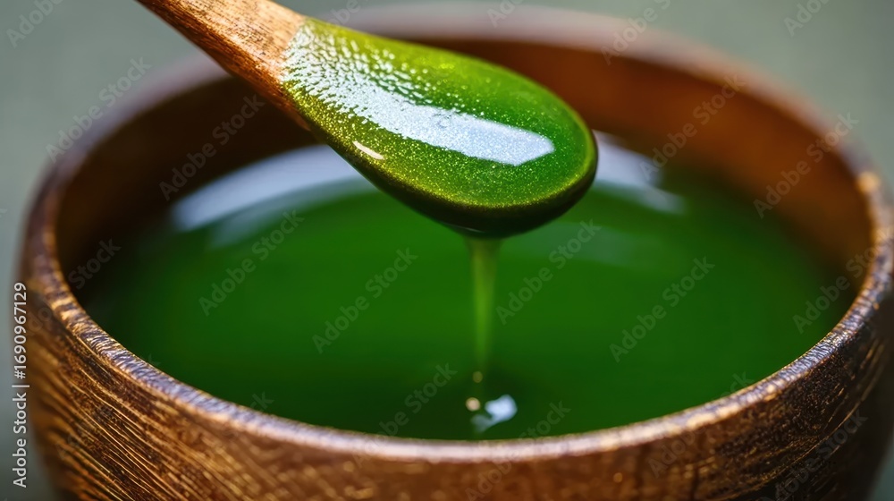 Fototapeta premium Honey dripping into green tea from wooden dipper, natural sweetener, ideal for food photography, healthy living, tea culture, recipe development