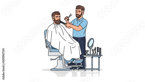Stylized illustration of a bearded barber cutting the hair of a seated customer wearing a white cape in a barbershop