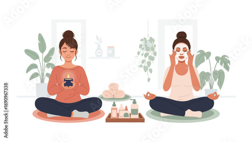 Two young women enjoying a relaxing self care routine at home applying face masks and holding skincare products while sitting in a lotus pose