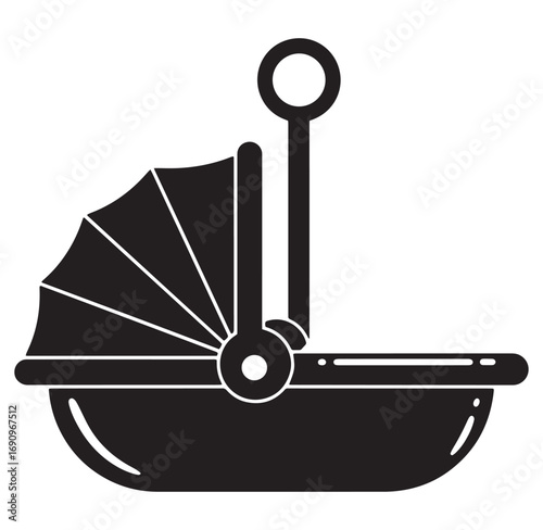 Black and white illustration of a baby carriage with a carrying handle ready for newborn babies.
