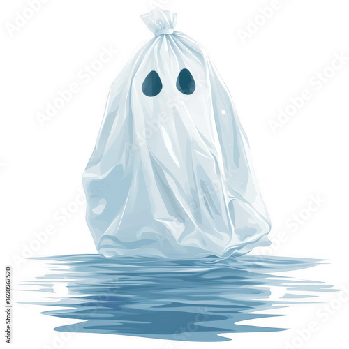 Haunting Pollution: A stark image of environmental impact, where a ghost made of plastic trash floats ominously in a polluted water, creating a somber scene.
