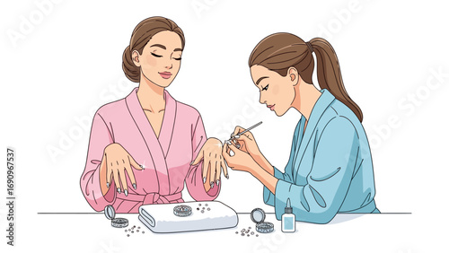 Young woman receiving a professional manicure from a nail technician in a salon setting with beauty equipment on the table