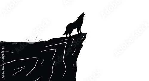 Lone wolf howling at the moon from a dramatic cliff edge