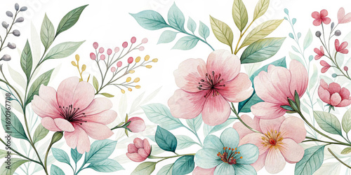 Wallpaper Mural A vibrant collection of pink flowers and lush green leaves creates a captivating floral tapestry. The delicate blossoms are interspersed with colorful buds, adding dynamic visual interest. AI Torontodigital.ca