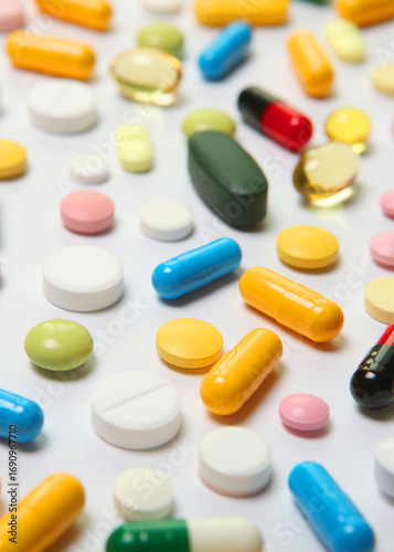 pills on a light background top view. Medicine, treatment, illness.. Vertical photo format