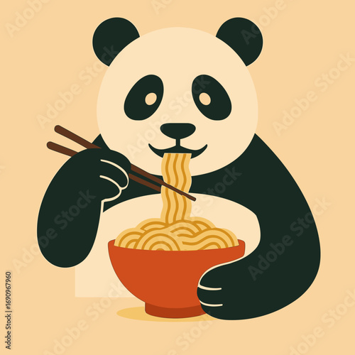 Cute panda enjoying noodles with chopsticks from a red bowl on a light beige background