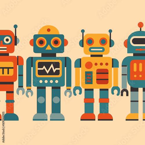 Colorful vintage-style robots standing together on a light beige background