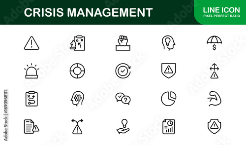 Crisis Management Icons – Professional Line Icon Set. Modern, minimal vector symbols for risk, recovery, and emergency planning.
