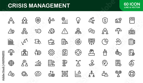 Crisis Management Icons – Professional Line Icon Set. Modern, minimal vector symbols for risk, recovery, and emergency planning.