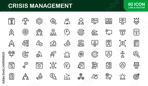 Crisis Management Icons – Professional Line Icon Set. Modern, minimal vector symbols for risk, recovery, and emergency planning.
